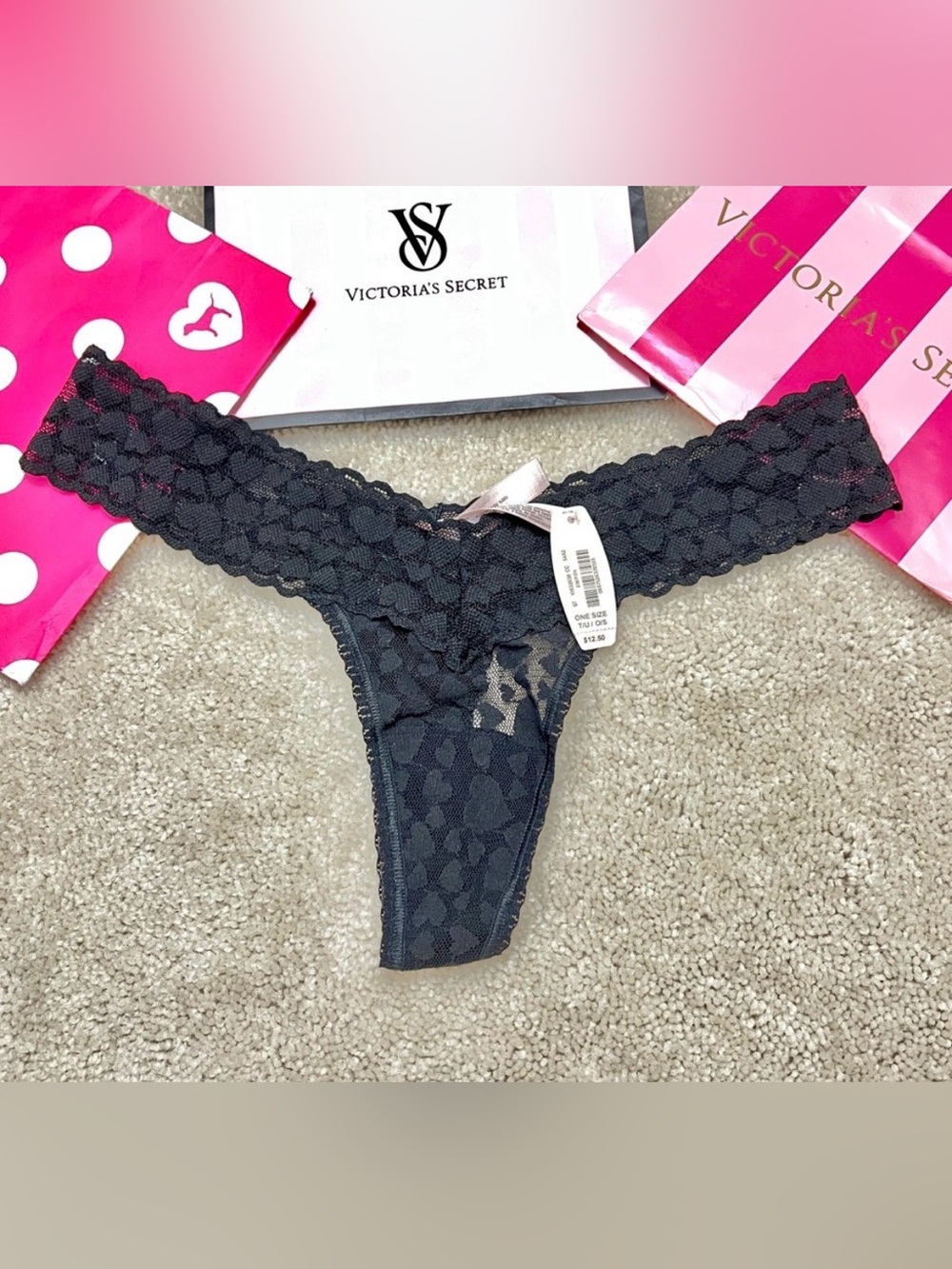 NWT Victoria’s Secret The Lacie Sheer Black Heart Lace Thong Panties O/S 2013